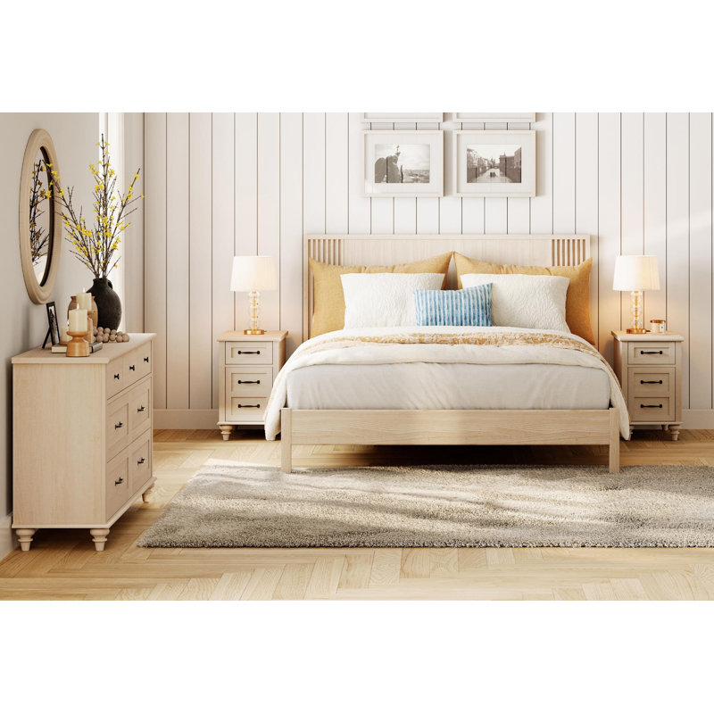 Ensemble de chambre à coucher de 3 pièces Scarlett, Beige, Commode, tables de chevet 15 po
