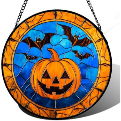 Vitrail suspendu - Halloween maléfique citrouille Suncatcher pour portes fenêtre jardin intérieur chauve-souris brune fantasmagorique Attrape-soleil Décorations gothiques Cadeaux d'horreur pour femmes Hommes Ami Garçon Fille 11,8 po