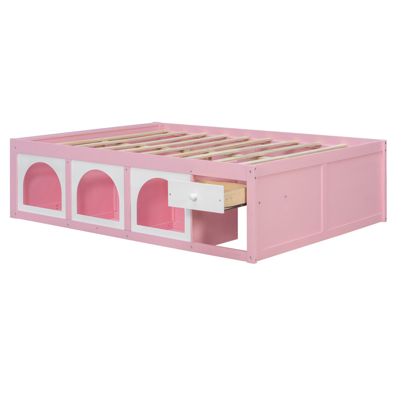 Grand lit plateforme en bois avec bibliothèque, vitrine, lumière DEL et tiroir, rose et blanc, Grand lit, Pink/White