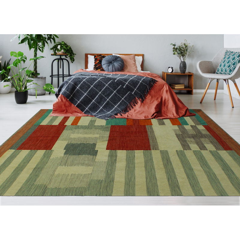 Tapis rouge / beige en laine noué à la main de conception unique 8 pi 4 po x 9 pi 8 po Jaliya