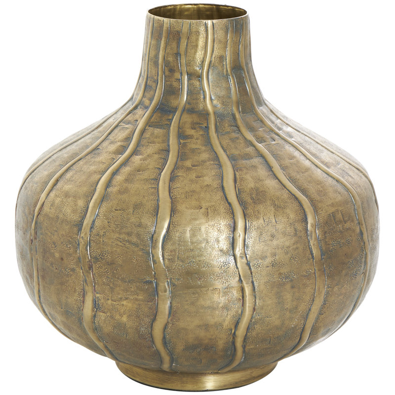 Millerd Metal Wide Snakeskin Inspired Decorative Brass Vase with Dimensional Wavy Accents