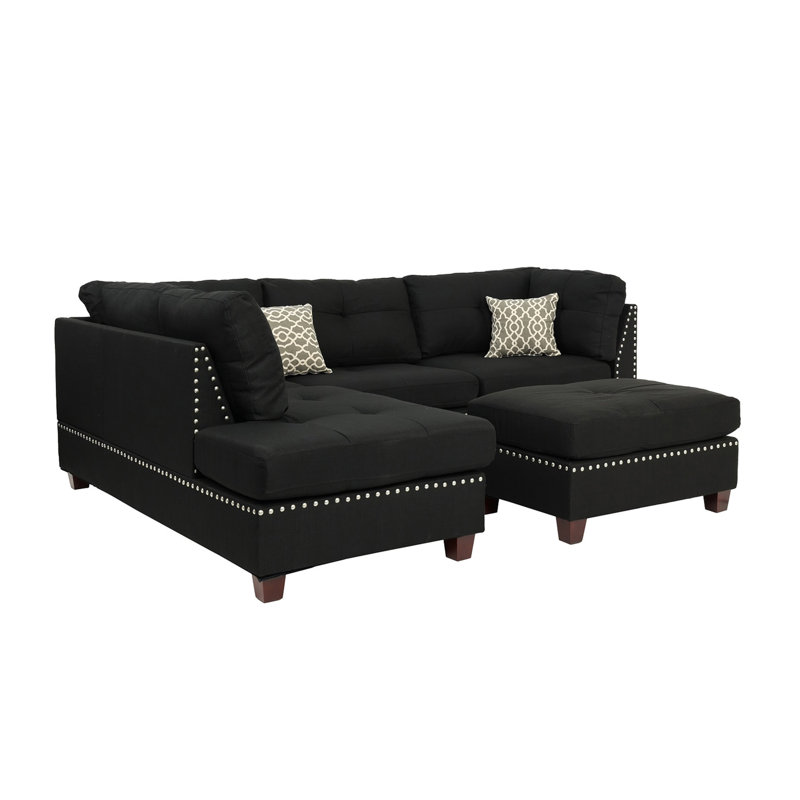 Reversible Polyfiber Sectional Sofa With Ottoman, Black