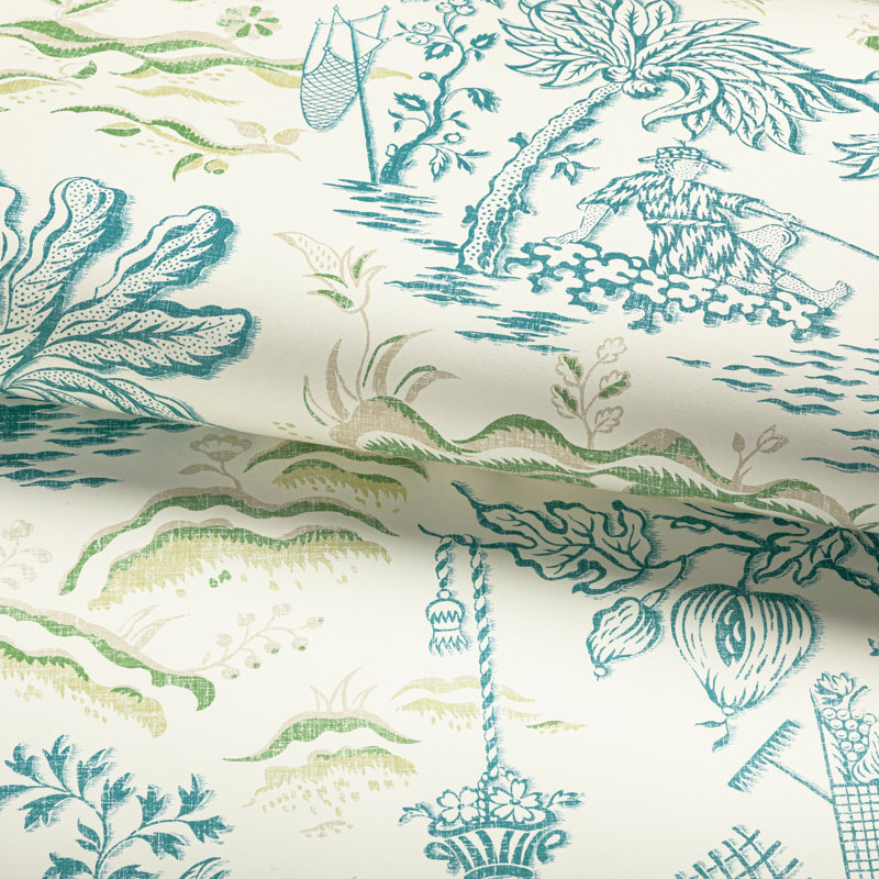 Manoir Valensole 33' L x 27.5" W Wallpaper Roll, Teal/Leaf