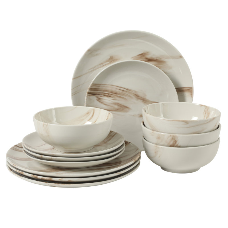  Assiettes et bols 12 pièces Cloudlight Brown and White - Service de vaisselle en céramique décorée en céramique - Service pour 4