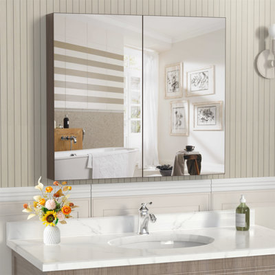 Armoire à pharmacie 32 * 28 avec miroir pour salle de bain, miroir de salle de bain mural avec rangement, tablettes réglables, cadre en aluminium, montage en surface jaune + corail