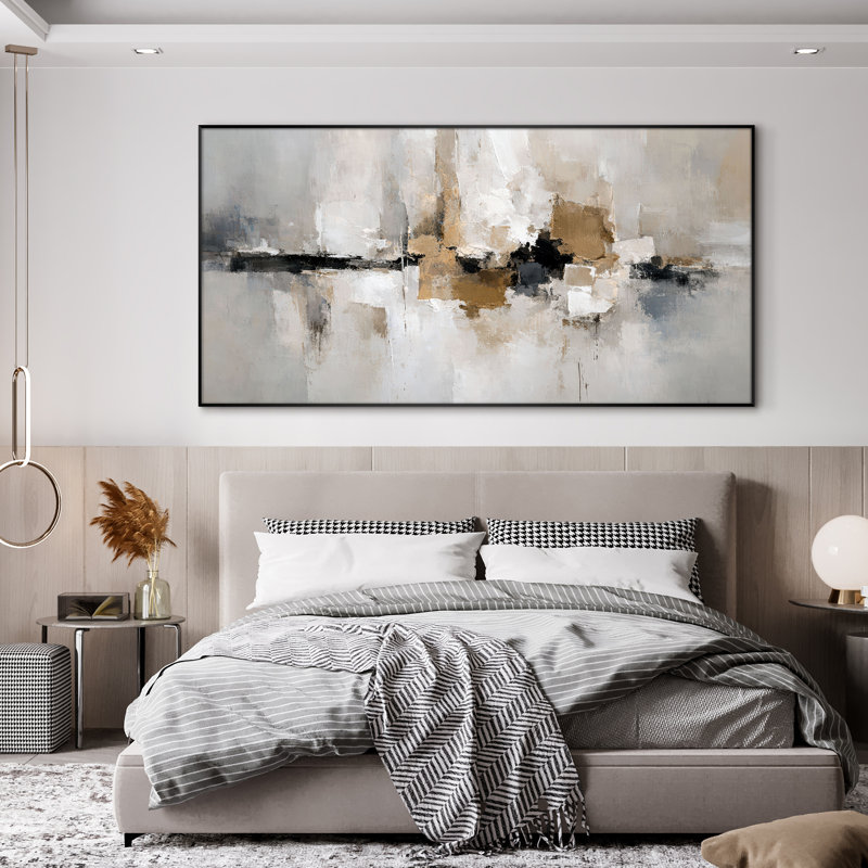 Très grand art mural imprimé sur toile - Horizon neutre abstrait doré, décor de salon contemporain - "Assemblage requis (cadre non fini)"