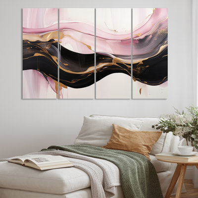 Wild Promises Abstract Gold Wave - rose et noir II - impression sur toile tendue 4 pièces