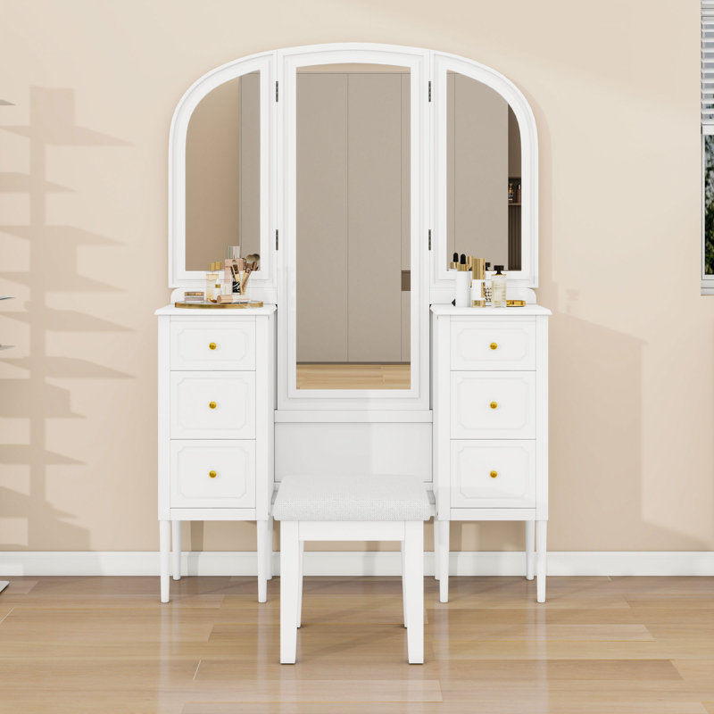 Makeup Vanity Desk with Triple Mirror, 6 Drawers, Shelf and Upholstered Stool