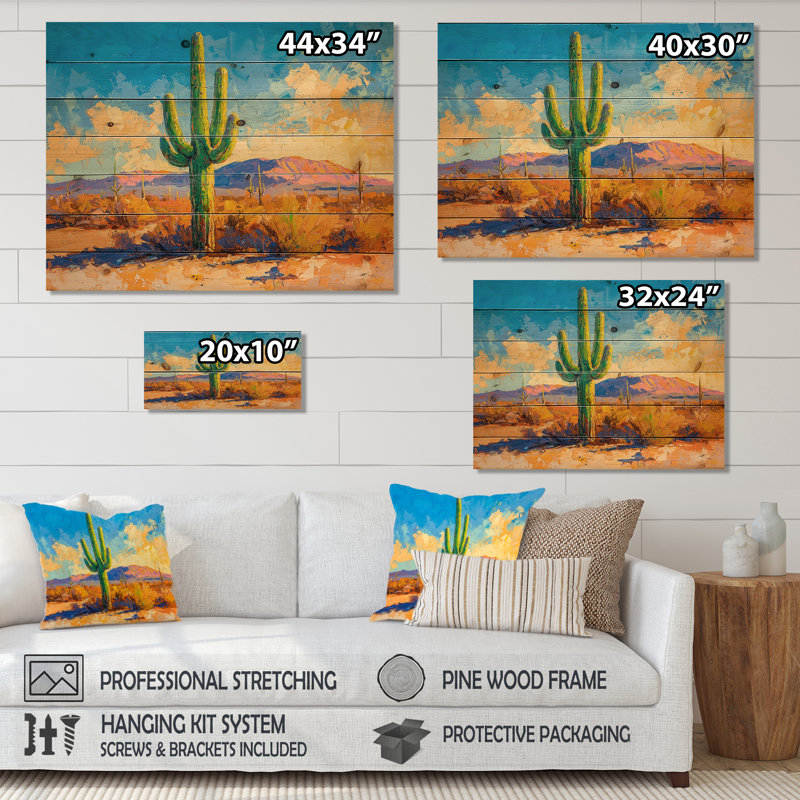 Saguaro dans la lumière dorée II - décoration murale en bois de cactus floral - sur bois de pin naturel
