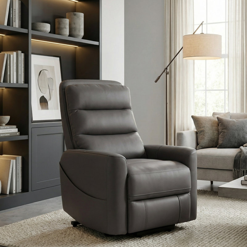 Latitude Run Grey Faux Leather Power Lift Recliner with USB Charging and Side Storage, Gray