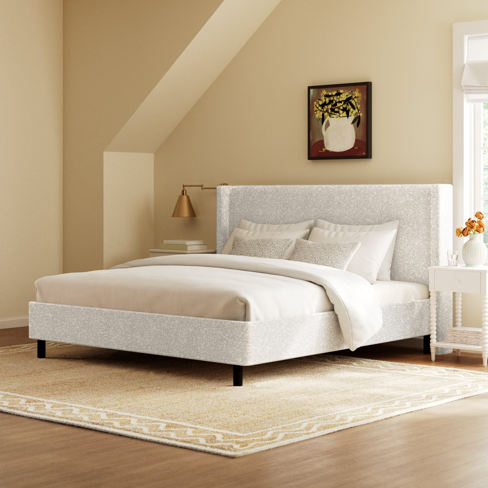 Hanson Upholstered Wingback Bed, King, Classic Talc Linen