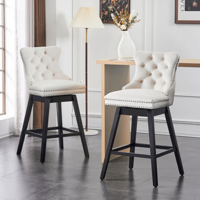 Velvet Upholstered 360° Swivel 30.7'' Height Bar Stool with Back, Nailhead Trim and Sturdy Solid Wood Legs, Comfortable Chair for Kitchen, Dining,  Restaurant