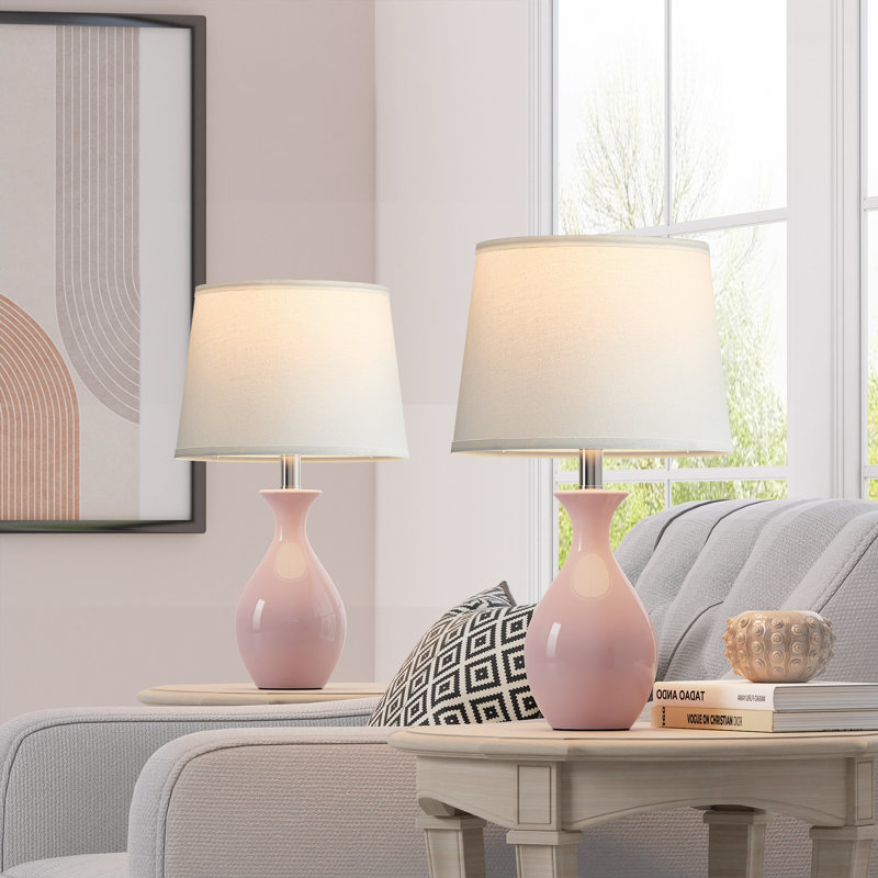 19”Ceramic Table Lamp Set of 2, Modern Bedside Lamps for Nightstand, Bedroom, Living Room with Rocker Switch, Pink