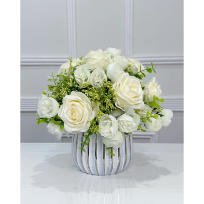 White Silk Rose Peony Centerpiece in Vase