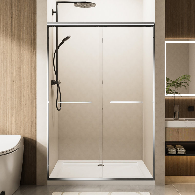 72" H Aluminum Frame Double Sliding Shower Door, 1/4" Nano - Coated Tempered Glass, Dual Handles, Waterproof And Easy To Install In Bathroom Door With Design, Adjustable Width Corrosion Handles For