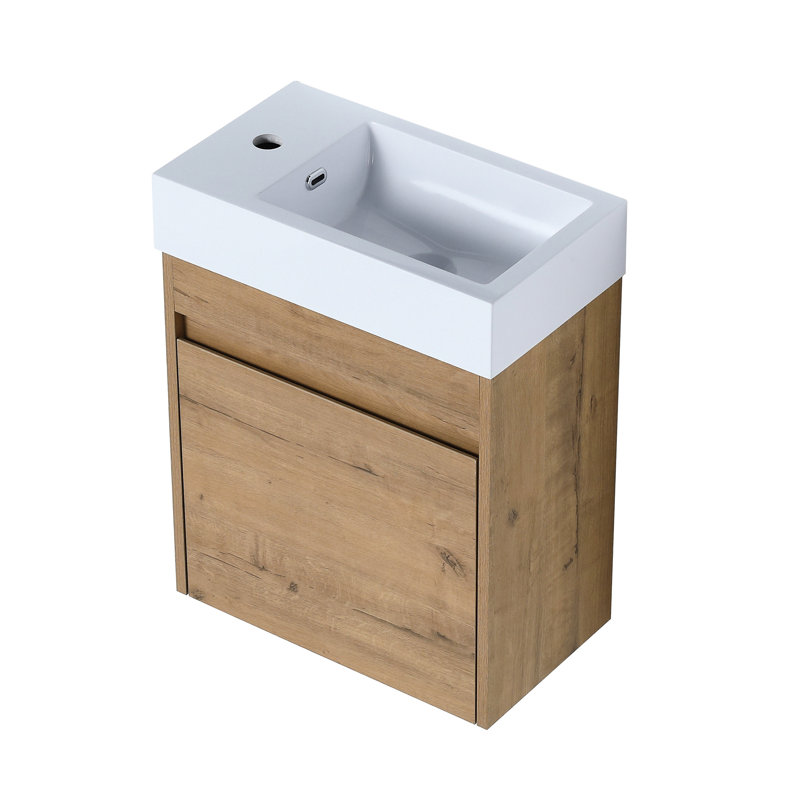 Armoire de salle de bain moderne de 18 po avec lavabo en résine et porte à fermeture en douceur, grande polyvalence de rangement, meuble-lavabo flottant imitation finition chêne, innovation, rangement,