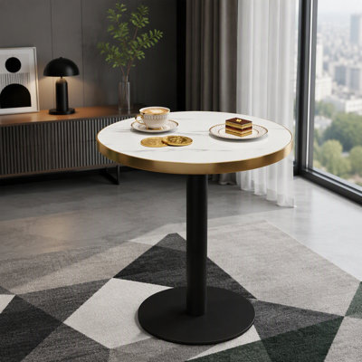 23.6 Inch Round Coffee Table, MDF UV Marble Texture with Stainless Steel Banding, Metal Base, Modern Light Luxury Table