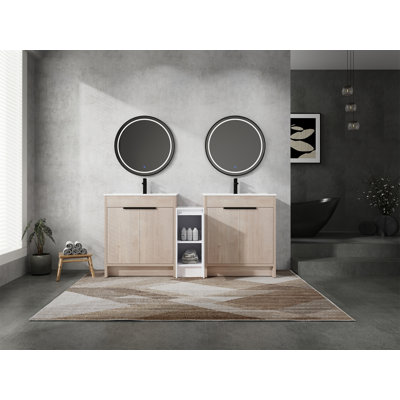 Meuble-lavabo autoportant avec lavabo en céramique et armoires de rangement