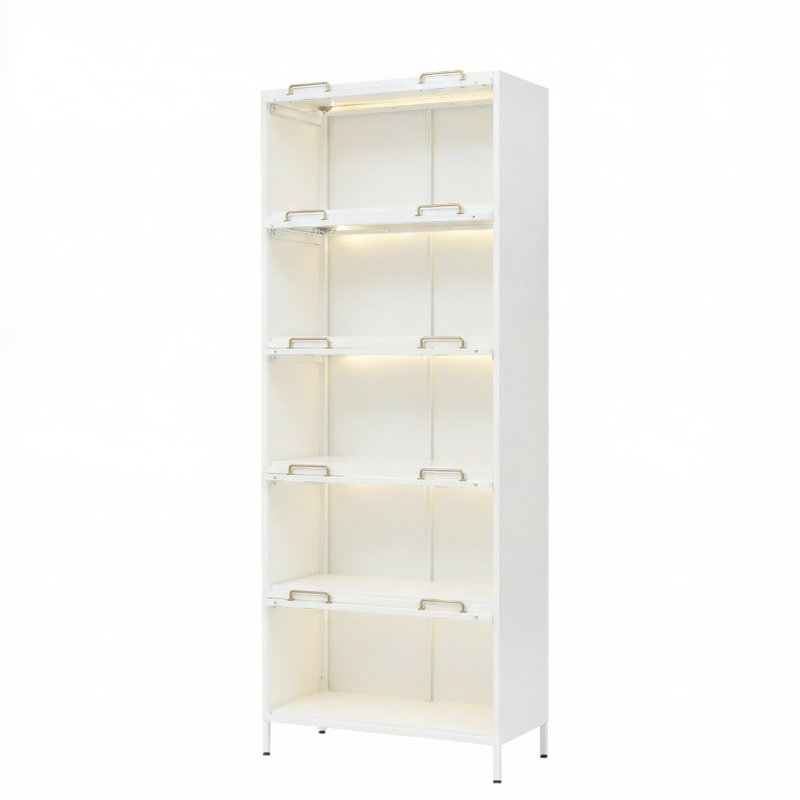 Bibliothèque en acier à 5 niveaux avec lumières DEL, Blanc