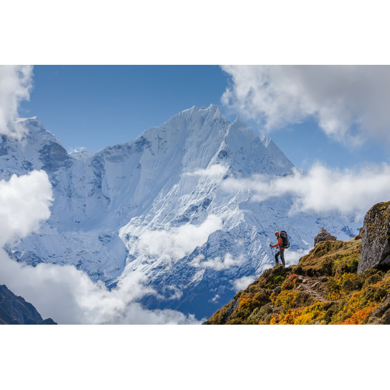 Hiker Walks On Train In Himalayas - Wrapped Canvas Print, 30cm H x 46cm W x 3.8cm D