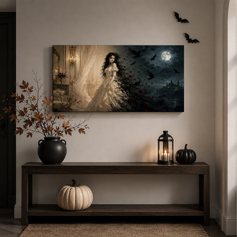 Dame gothique en robe blanche avec des corbeaux et une lune au clair de lune - Toile murale d'Halloween, L 58 po x H 28 po