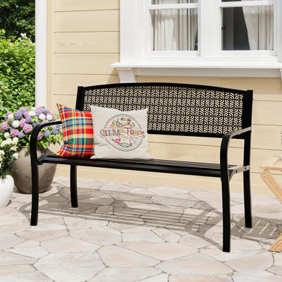Banc de jardin extérieur, siège de patio en métal résistant aux intempéries de 50 po avec dossier incurvé, noir décoratif