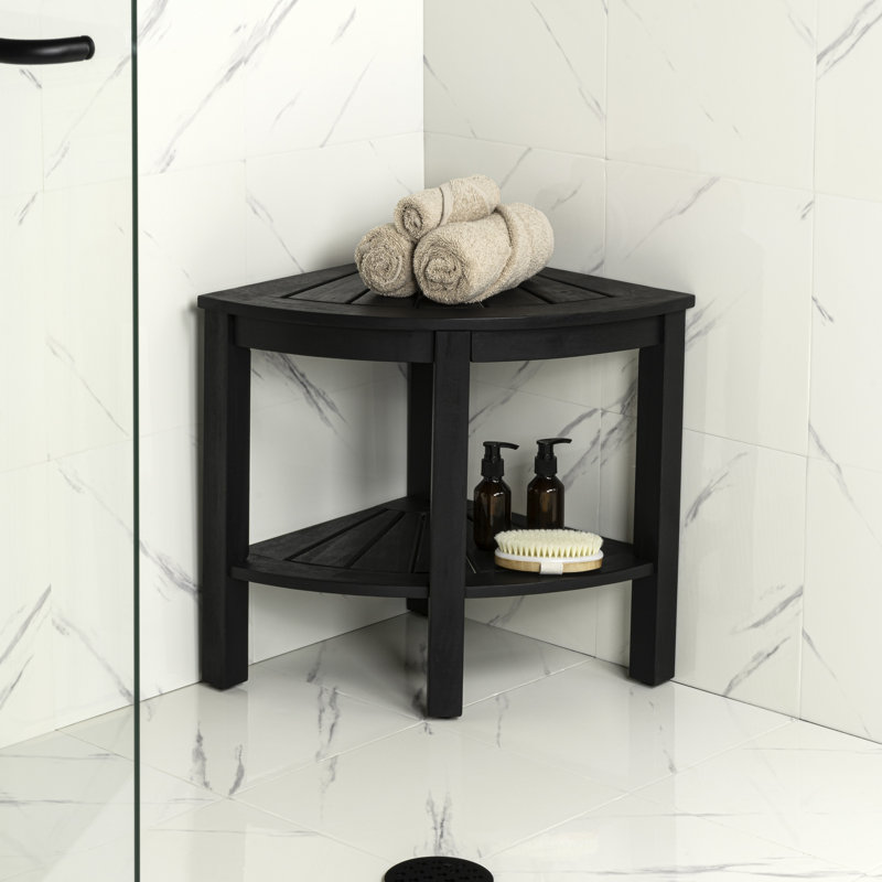 Maris Coastal 18" Black Acacia Wood Corner Shower Stool, 2-Tier Indoor/Outdoor Bath Bench with Storage Shelf for Bathroom & Spa