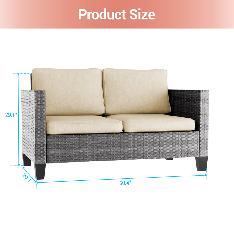 Patio Loveseat Sofa PE  Rattan Set With Thick Cushions and Sturdy Frame, Beige, Gray