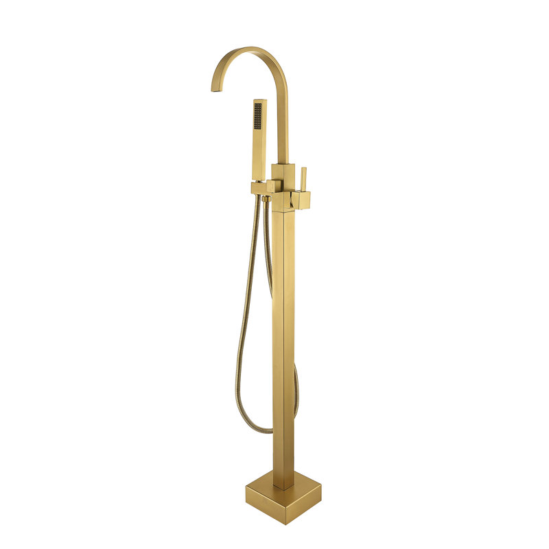 Brushed Gold Freestanding Bathtub Faucet With Portable Hand Shower - Quality Metal Detachable Spray Head Construction