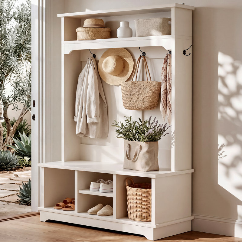 Porte-manteau d'entrée OMCHOM 180 cm avec banc et rangement à chaussures, en bois, avec banc 6 en 1 pour vestiaire, rangement et 5 crochets, compartiment de rangement supérieur, 4 casiers à chaussures et tablette réglable.