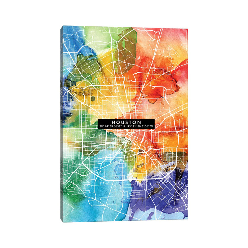 Houston City Map Colourful 1 Piece Wrapped Canvas Wall Art, 101.6 cm H x 66.04 cm W