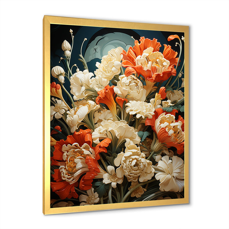 Orange orange Popart Flowers Bouquet - Floral Wall Art Prints_105824, H 32 po x l 16 po x P 1 po, Encadrement doré