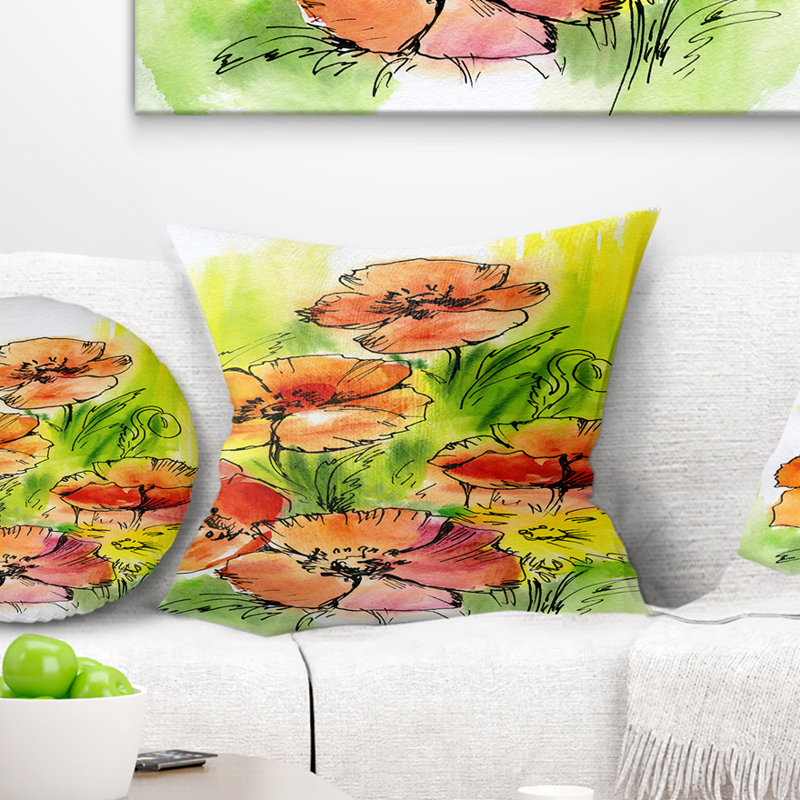Coussin Bouquet Poppies - imprimé floral, Carré, 16 po x 16 po