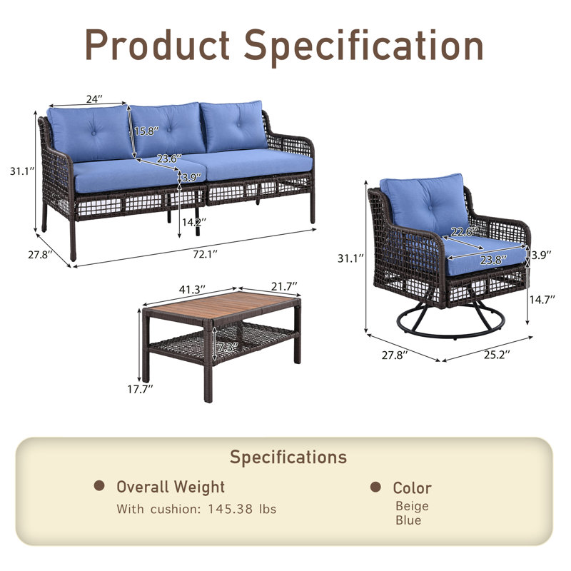 Ensemble de conversation d'extérieur avec canapé en rotin et coussins 4 pièces, Bleu, Noir