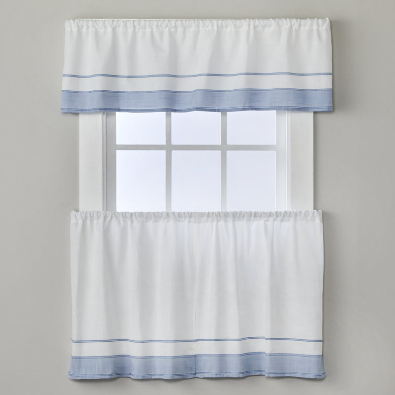 Lightweight Blue and White Polyester Rod Pocket Window Tiers