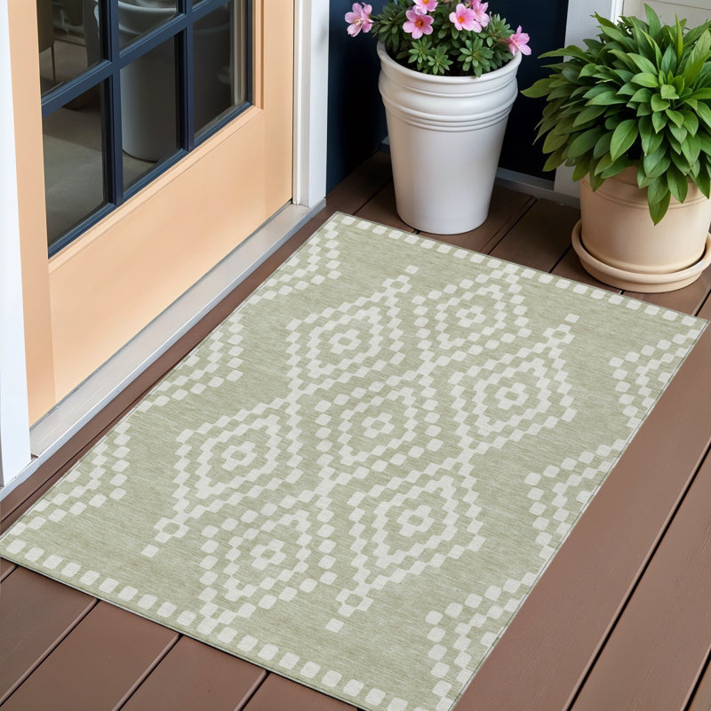 Tapis d'intérieur / extérieur géométrique lavable 3 pi x 5 pi vert et ivoire