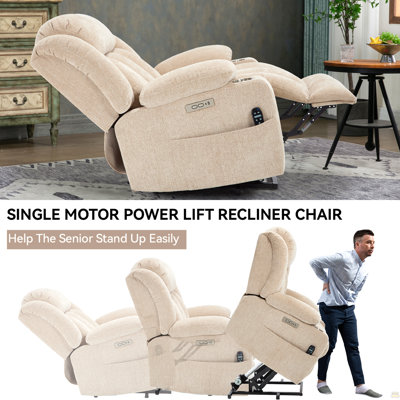Up to 350 LBS Chenille Power Lift Recliner Chair, Heavy Duty Motion Mechanism with 8-Point Vibration Massage and Lumbar Heating, USB and Type-C Ports, Stainless Steel Cup Holders, Beige