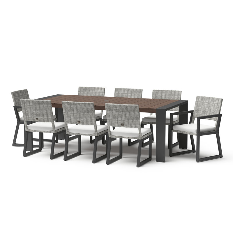 Sameko 9-Piece Rectangular Aluminum Patio Dining Set with Sunbrella® Cushions, Gray, Bliss White Sunbrella®