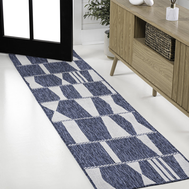 Olesia Modern Geometric Abstract Two-Tone Navy/Cream Indoor/Outdoor Rug, Runner 2' x 7'10"