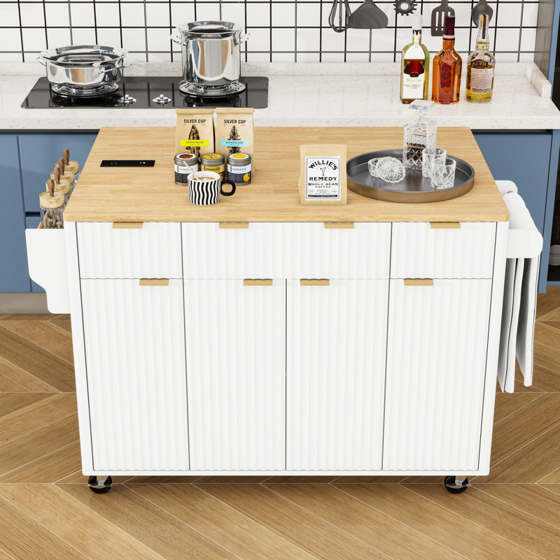 Rolling Fluted Kitchen Island with Drop-Leaf Table, Power Outlet, 3 Drawers and 3 Cabinets, White/Natural