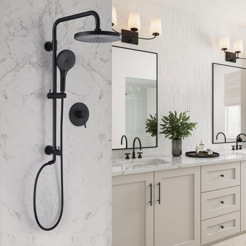 Ensemble de douche combinée ronde en laiton massif 10 "avec valve équilibrée pressée Cascade, Noir mat avec valve brute