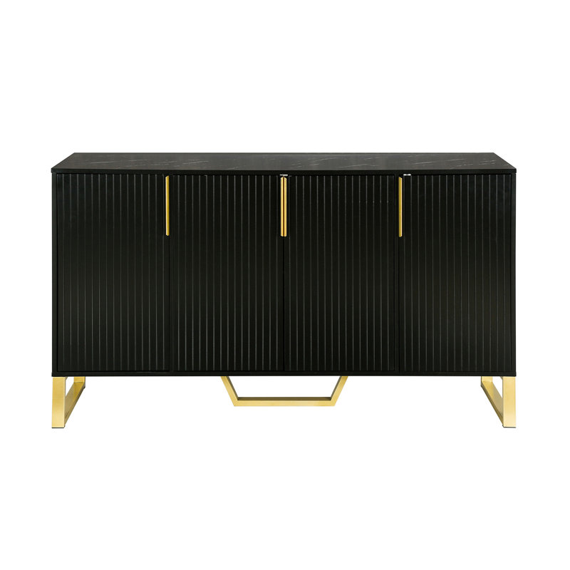 Modern Sideboard With Four Doors, Metal Handles & Legs And Adjustable Shelves Kitchen Cabinet (Black)