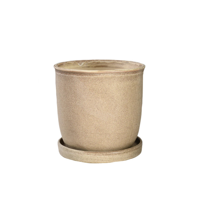  Light Brown Ceramic Planter With Drainage Hole & Saucer, Indoor Plant Pot For Succulents, Herbs & Houseplants, Minimalist Cylinder Design, 5.2" Diameter & 5.3" Tall