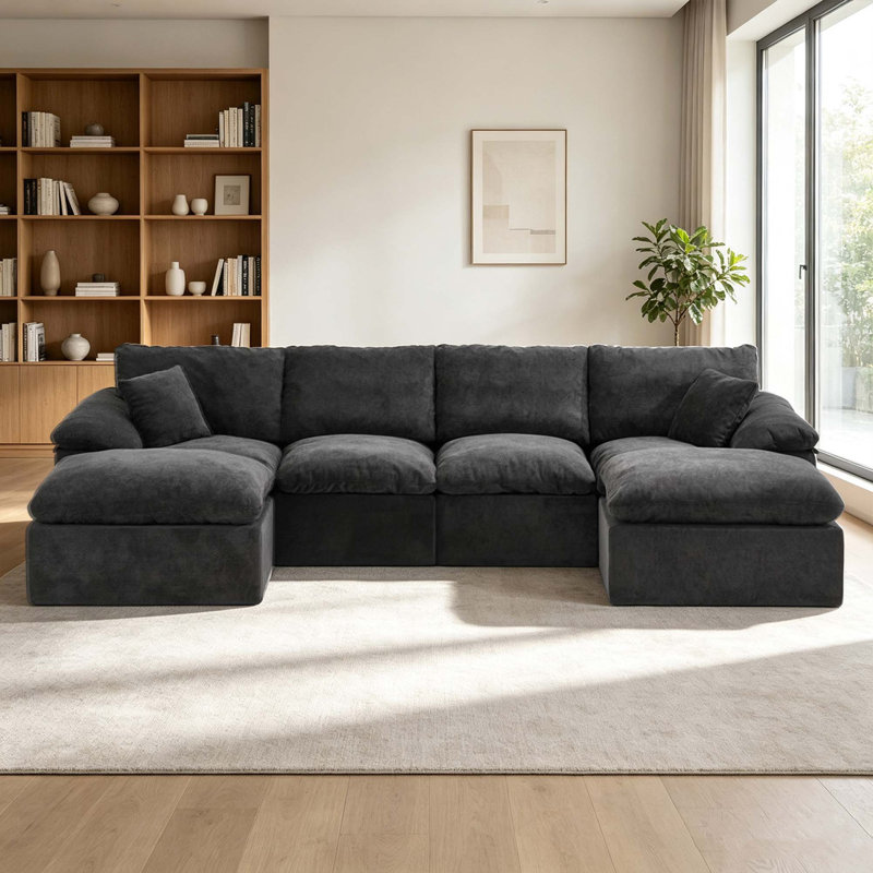 Upholstered Chenille Sectional with Ottoman, Chenille noir, 23.3" H x 130" W x 66.8" D, Symétrique