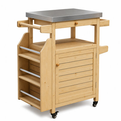 Outdoor Kitchen Cart with Stainless Steel Top, Solid Wood Storage Cabinet and 360° Lockable Wheels, Mobile BBQ Prep Station for Patio Backyard