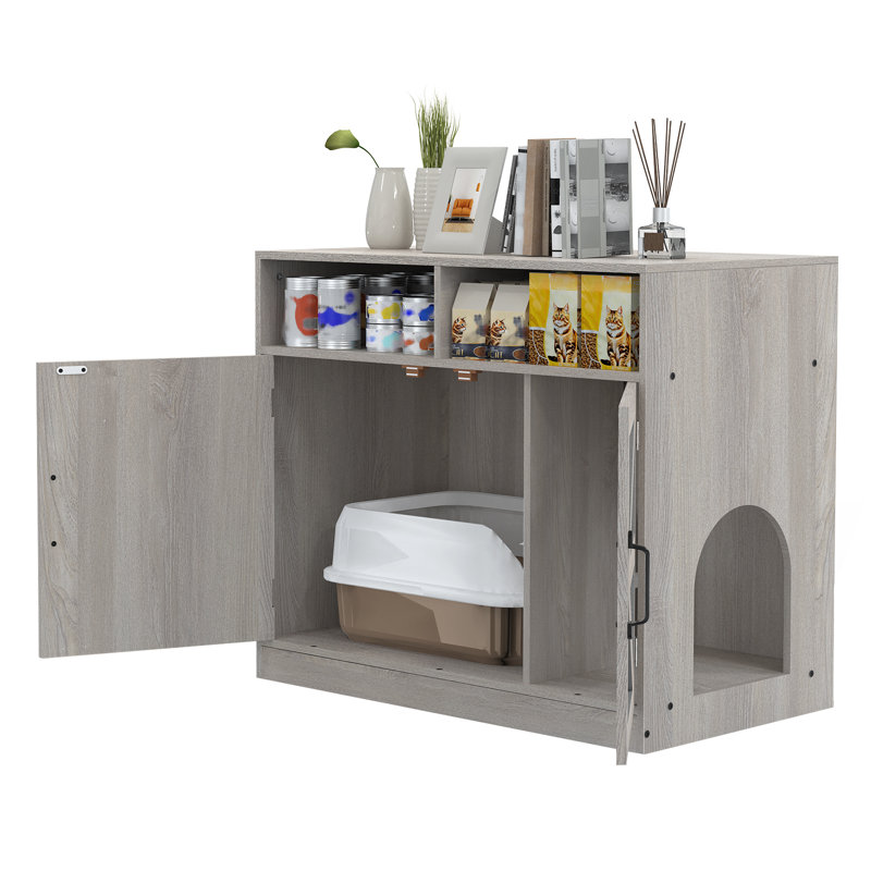 Enceinte de litière en bois pour chat, meubles de salle de bain cachés multi-usages pour chat avec compartiments de rangement, entrée latérale pour chat pour chats d'intérieur