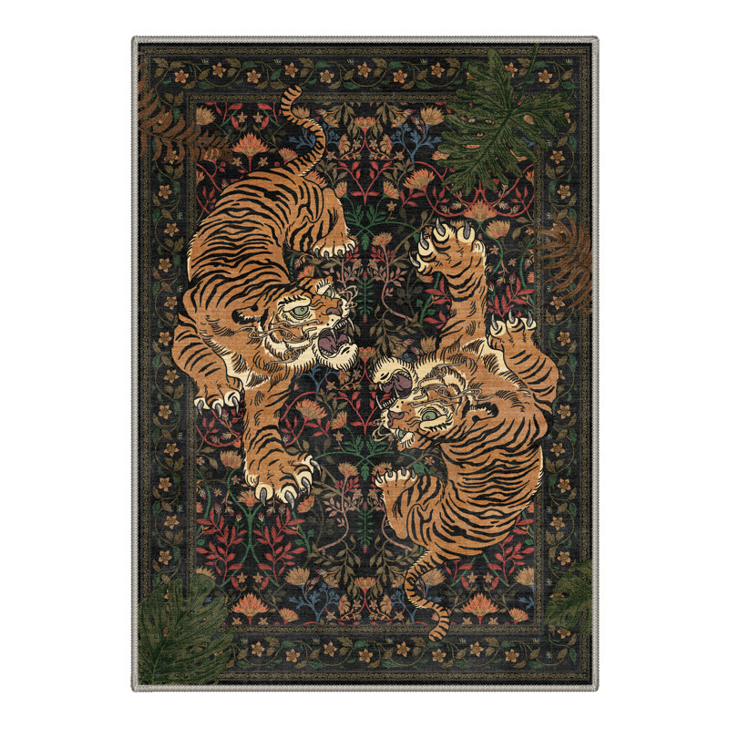 Tigris Animal Print Machine Washable Clashing Tigers / Obsidian Moss Indoor Area Rug With Non-Slip Backing