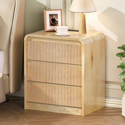 23.6" Mid-Century Modern Nightstand with Charging Station, 3 Drawer Wood Grain End Table with Curved Design