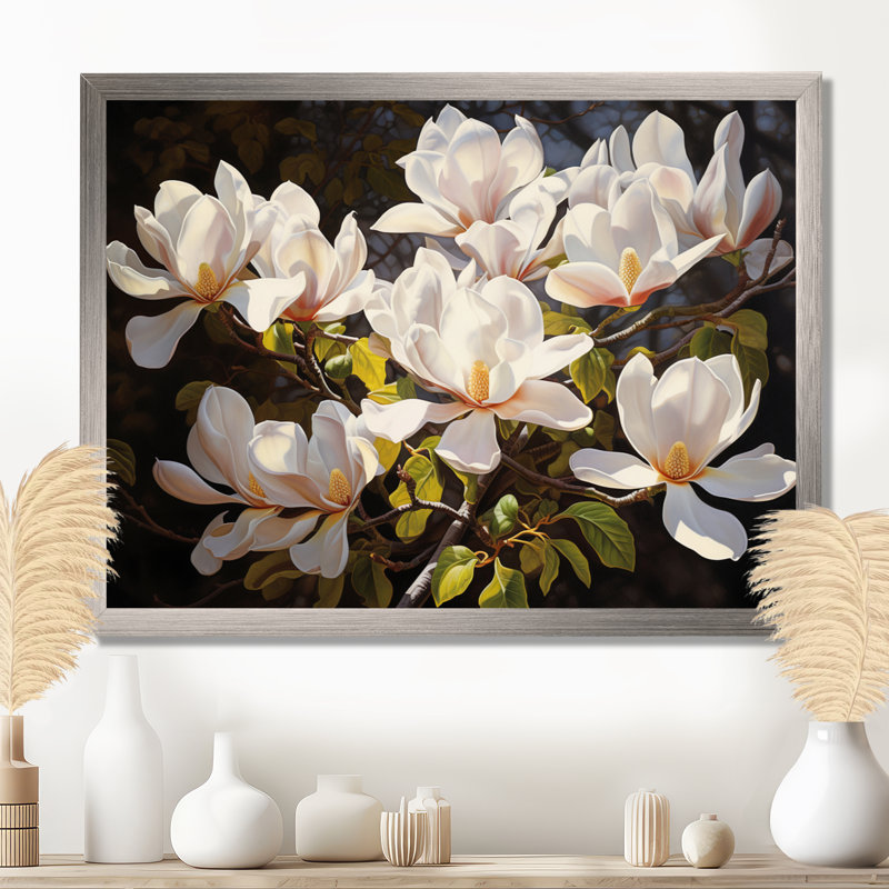 Blanc, jaune, magnolia et magnolia - art mural Magnolias, H 30 po x l 40 po x P 1,5 po, Brown Floater Framed