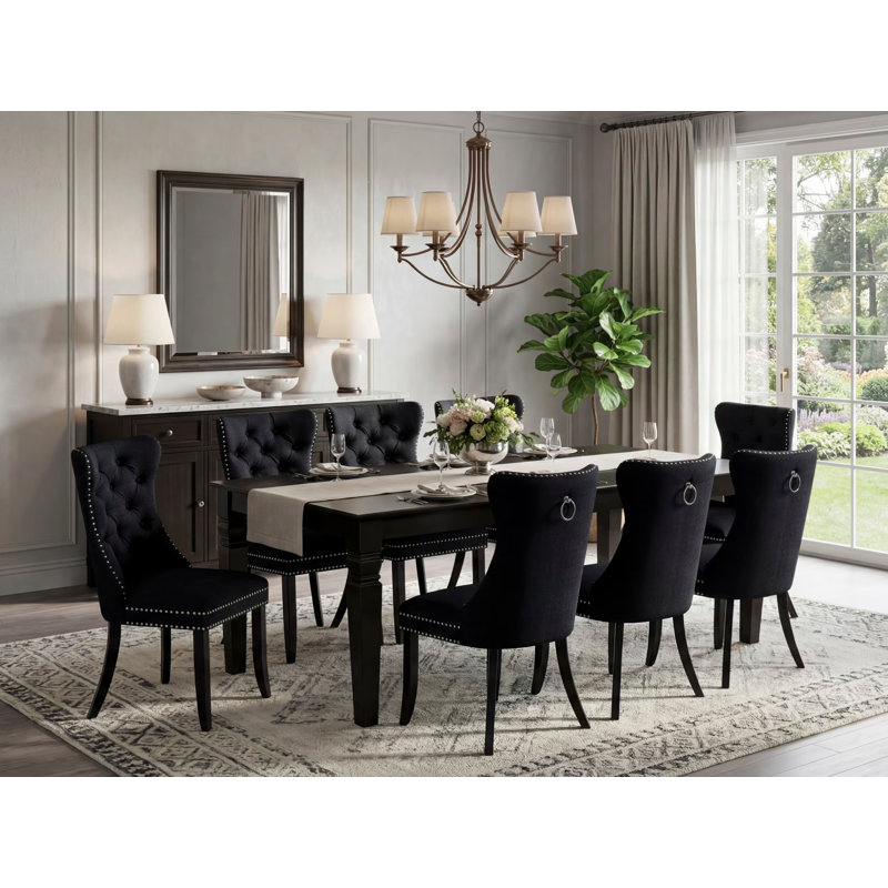 Ensemble de table de salle à manger 9 pièces comprenant une table de cuisine rectangulaire avec rallonge papillon et 8 chaises rembourrées en tissu de polyester, noir